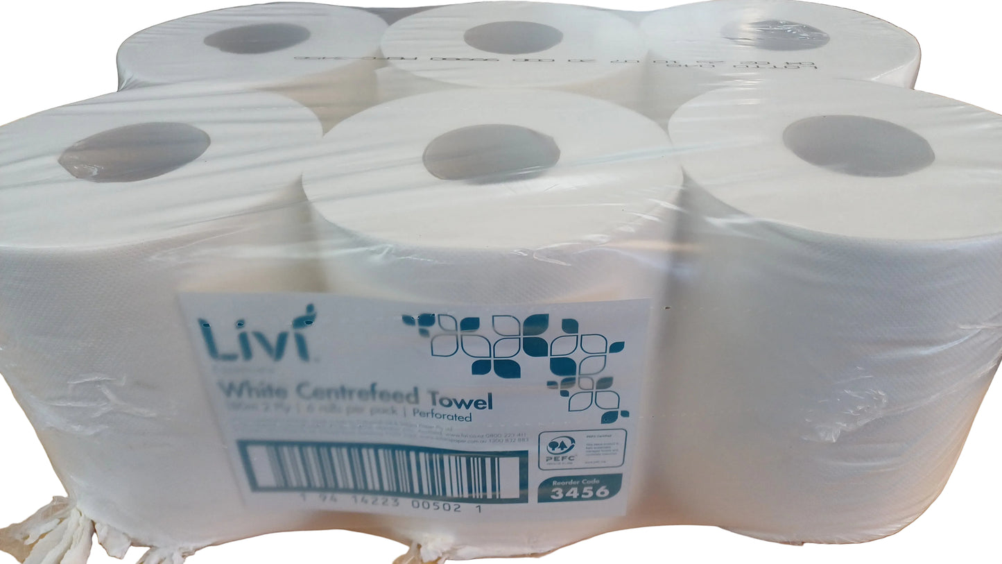 Livi Essentials Centrefeed Towel 2 Ply 180m Per Roll White Carton 6