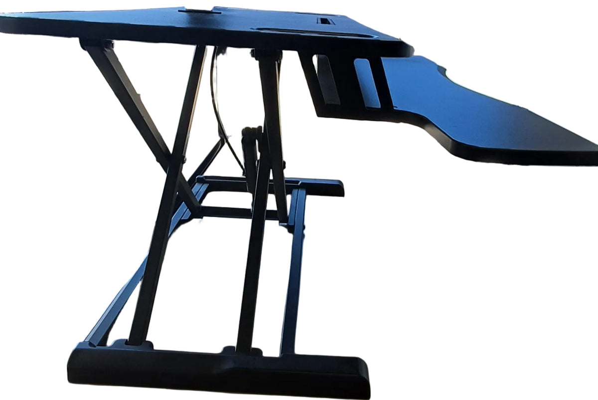 Black adjustable sit-stand desk converter with a keyboard tray